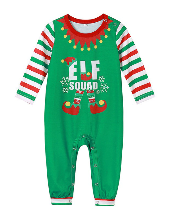 Christmas pyjamas green striped with Elf Squad pattern