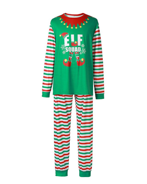 Christmas pyjamas green striped with Elf Squad pattern