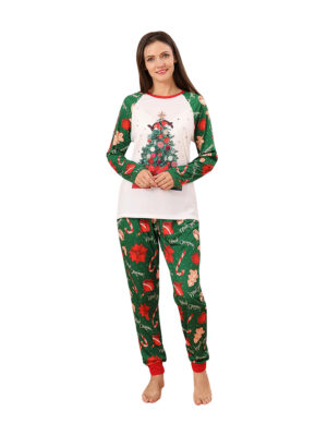 christmas pyjamas christmas tree pattern filled with gifts photo woman 1