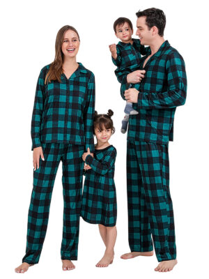 Modern green checked family Christmas pyjamas