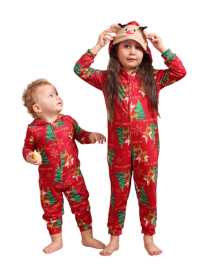 Red merry xmas jumpsuit with reindeer young baby front