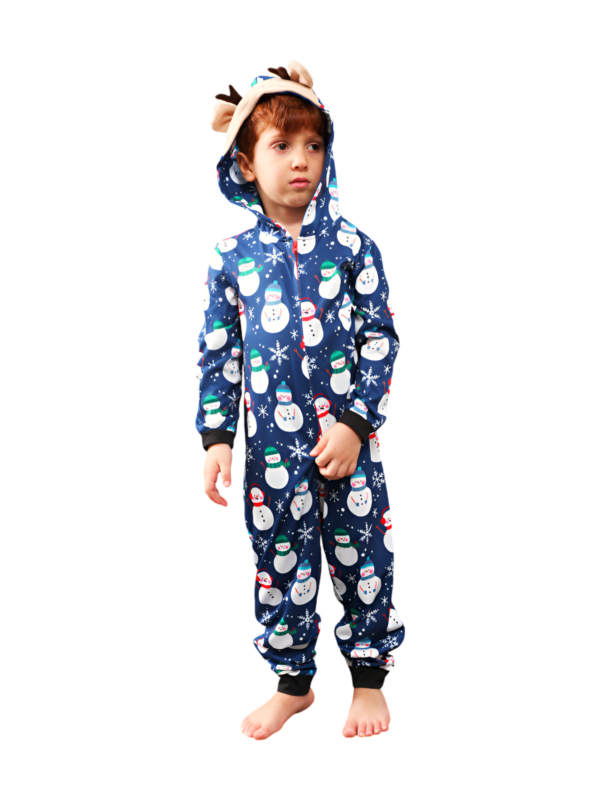 Blue snowman jumpsuit with reindeer hood for all ages