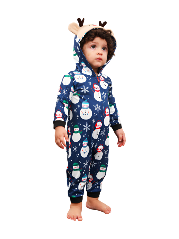 Blue snowman jumpsuit with reindeer hood for all ages