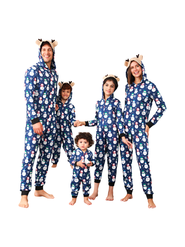 Blue snowman jumpsuit with reindeer hood for all ages