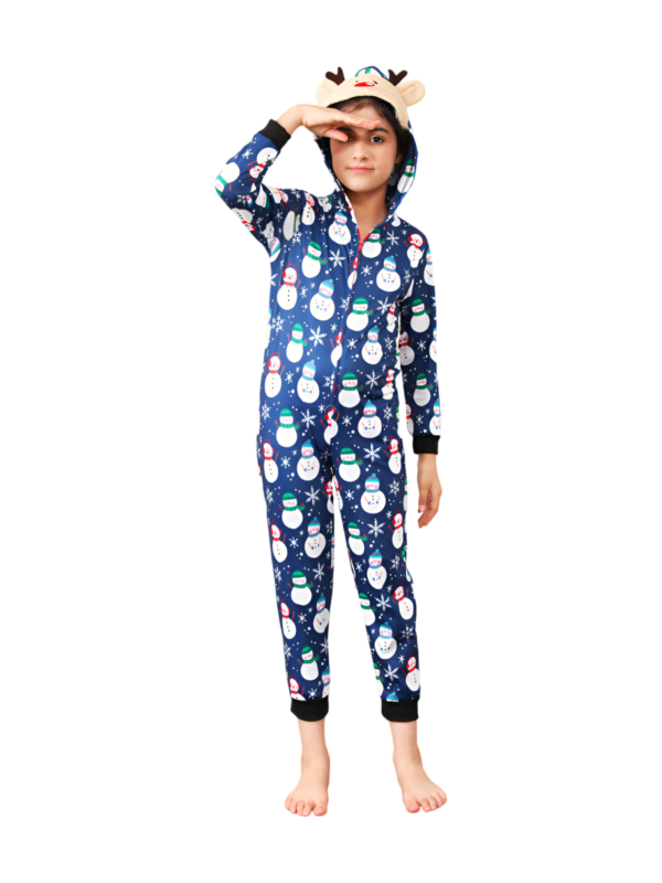 Blue snowman jumpsuit with reindeer hood for all ages