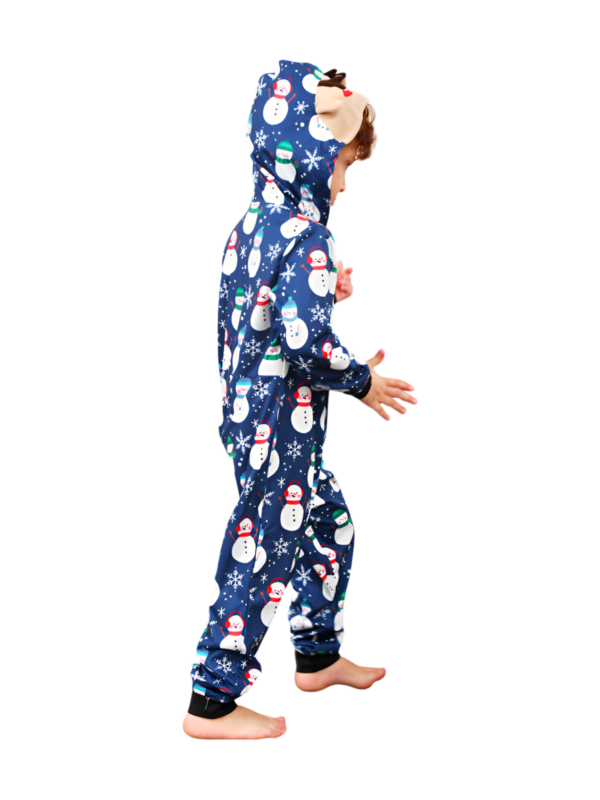 Blue snowman jumpsuit with reindeer hood for all ages