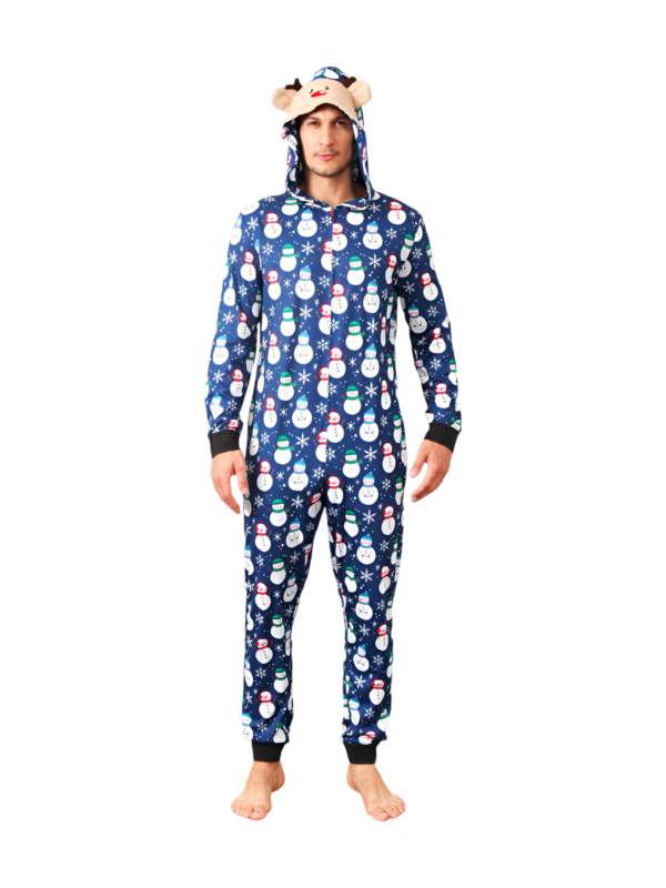 Blue snowman jumpsuit with reindeer hood for all ages