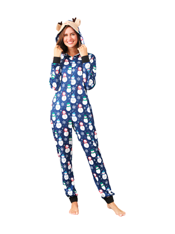 Blue snowman jumpsuit with reindeer hood for all ages