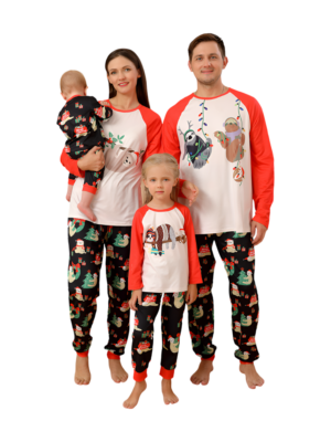Christmas Sloths hanging from the garlands, whole matching family pyjamas