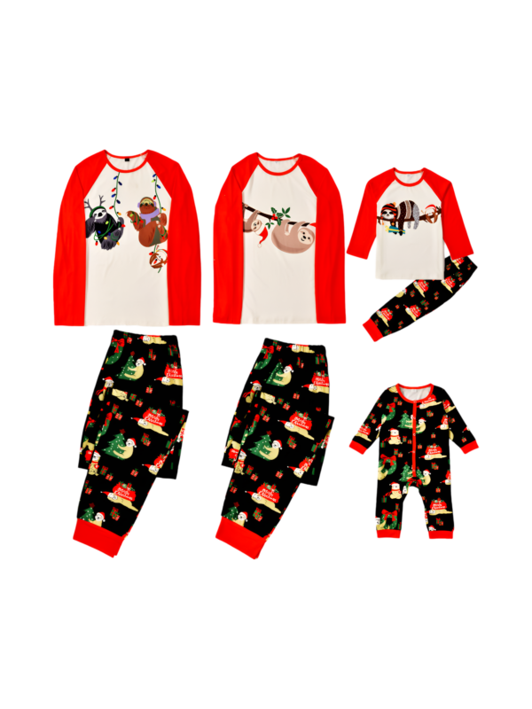 Christmas Sloths hanging from the garlands, whole matching family pyjamas
