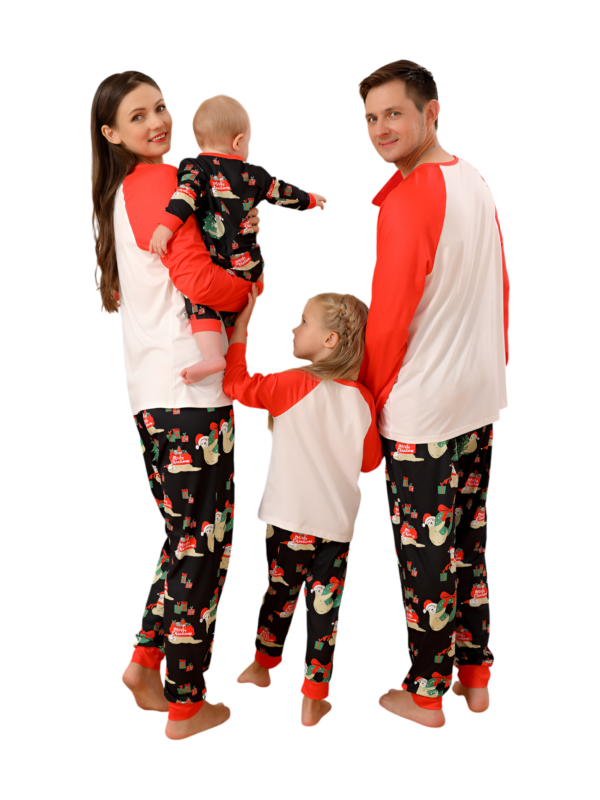Christmas Sloths hanging from the garlands, whole matching family pyjamas