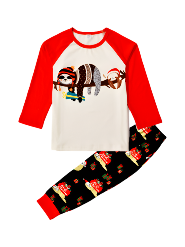 Christmas Sloths hanging from the garlands, whole matching family pyjamas