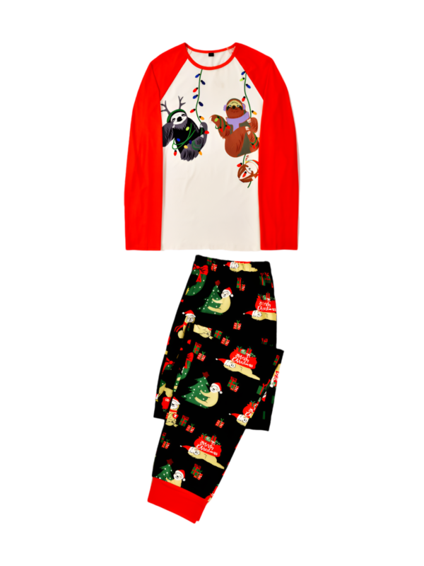 Christmas Sloths hanging from the garlands, whole matching family pyjamas