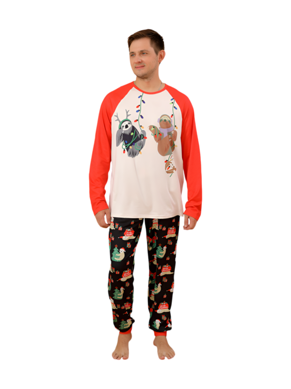 Christmas Sloths hanging from the garlands, whole matching family pyjamas