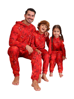Reindeer Emoji pattern jumpsuit with reindeer hood design