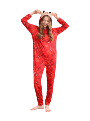 Family Christmas jumpsuit with Emoji Reindeer, model women front