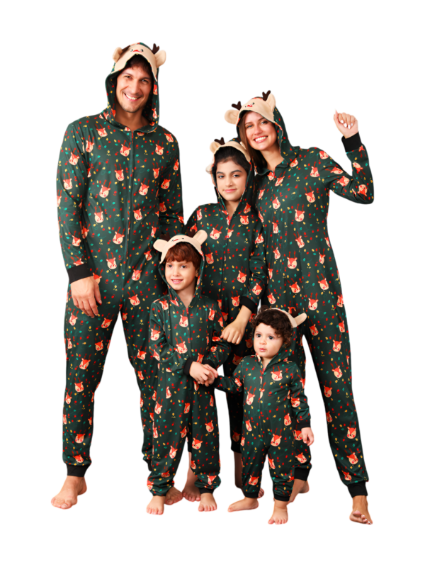 Green cute reindeer jumpsuit with reindeer hood for all ages