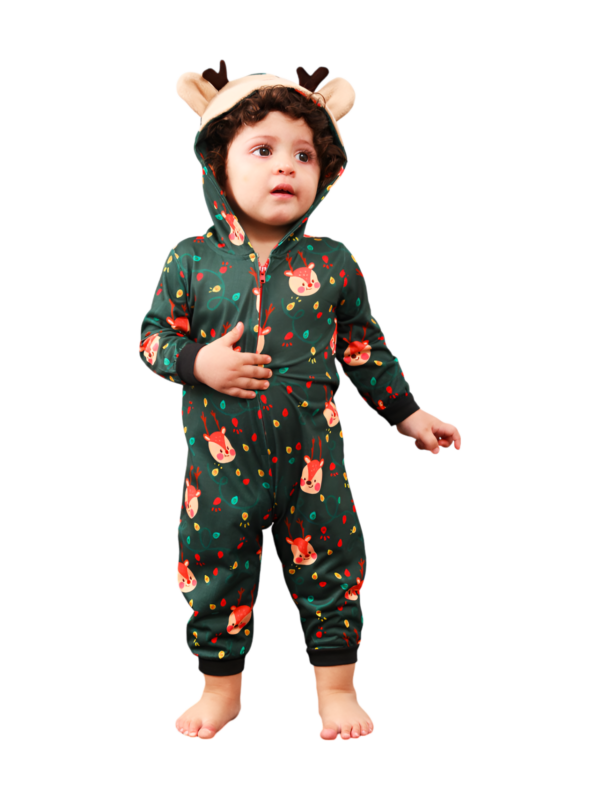 Green cute reindeer jumpsuit with reindeer hood for all ages