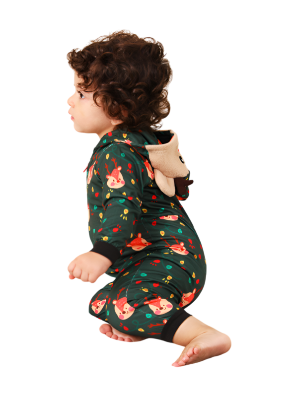 Green cute reindeer jumpsuit with reindeer hood for all ages