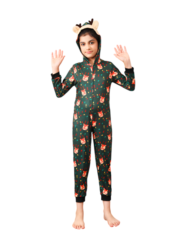 Green cute reindeer jumpsuit with reindeer hood for all ages