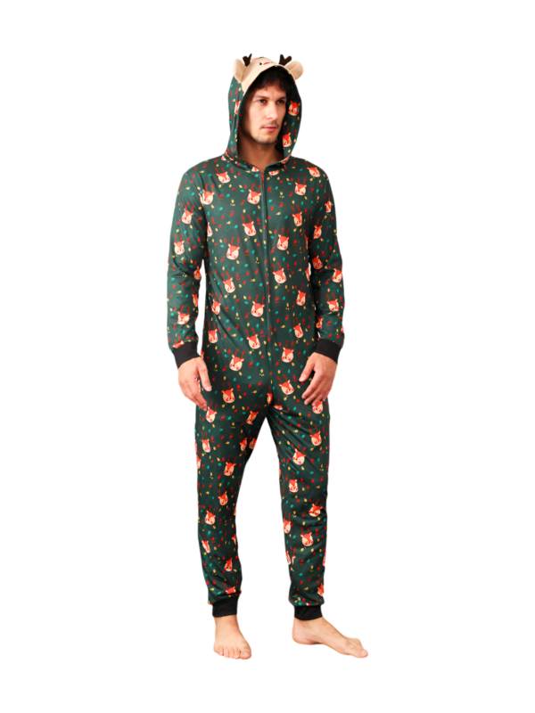 Green cute reindeer jumpsuit with reindeer hood for all ages