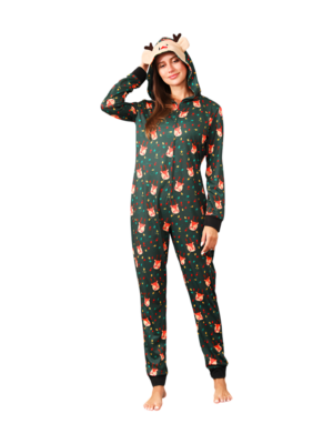 Green cute reindeer jumpsuit with reindeer hood for all ages women front