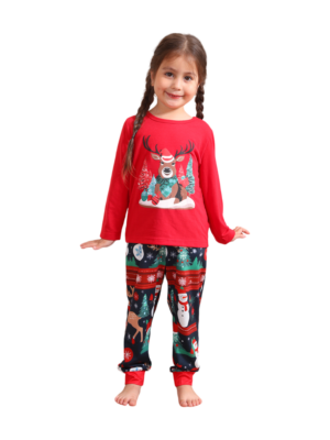 Matching Family pyjama of a warmly dressed reindeer waiting for Christmas girl front