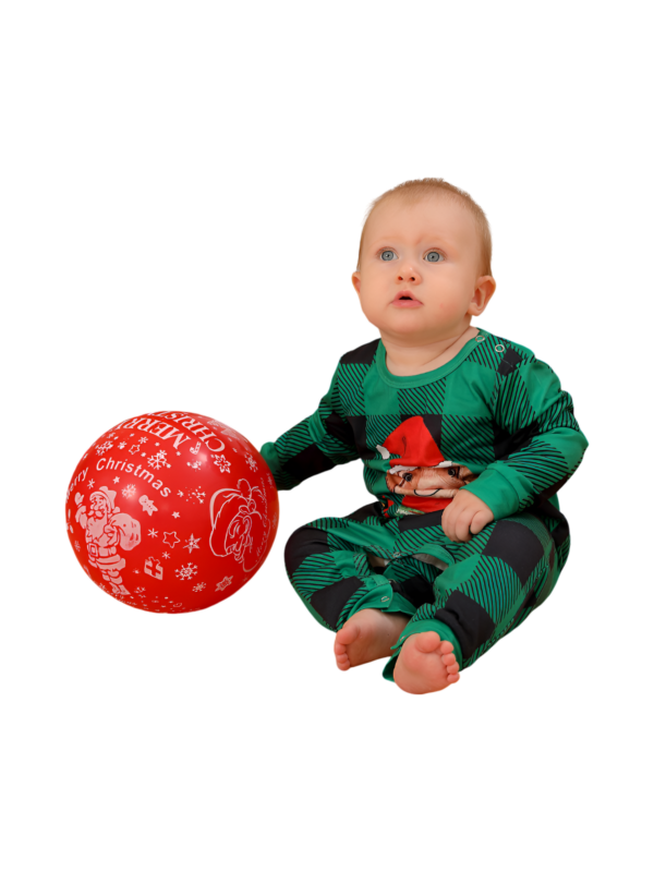 Matchande rutig pyjamas med en hund som är redo att gå ut till jul