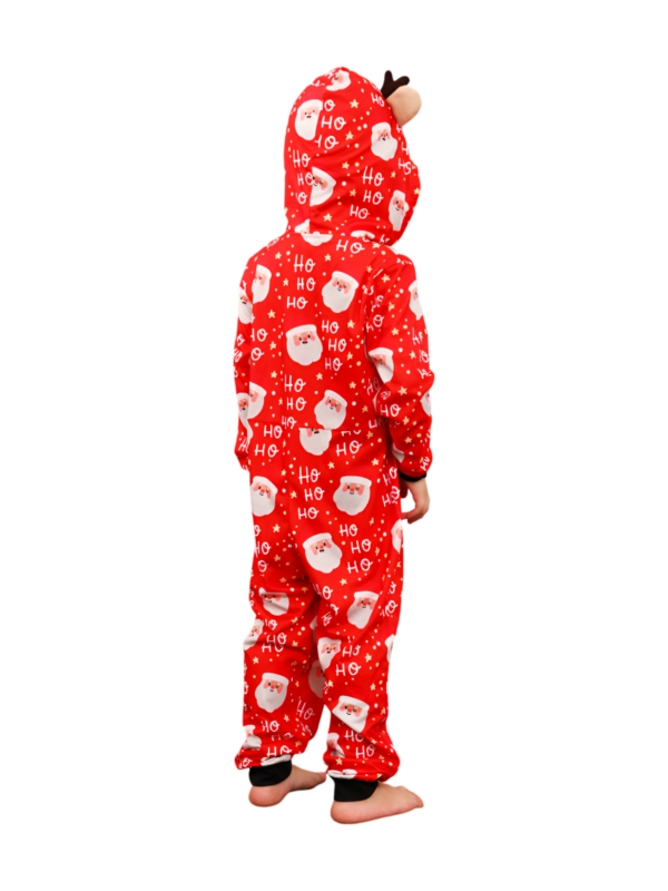Rode kerstman “Ho Ho Ho” jumpsuit met rendier kap voor alle leeftijden