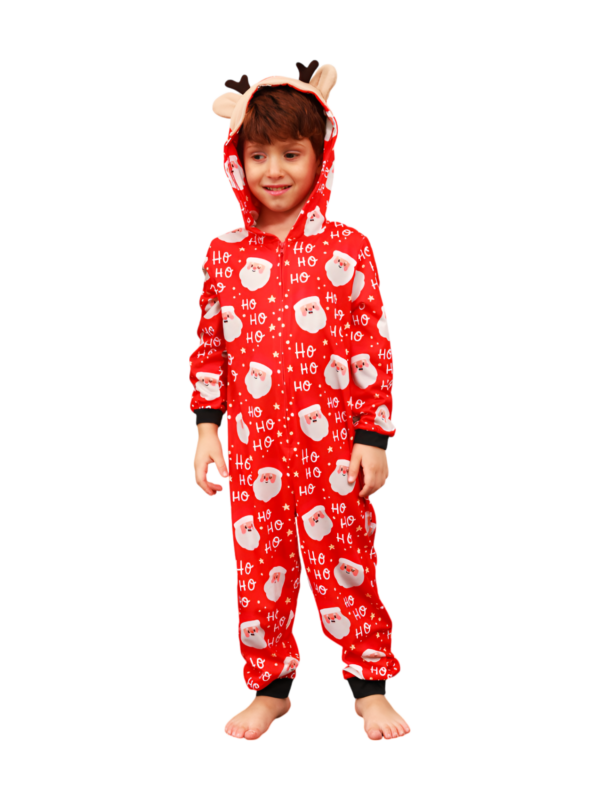 Rode kerstman “Ho Ho Ho” jumpsuit met rendier kap voor alle leeftijden