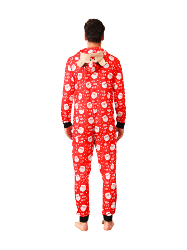 Rode kerstman “Ho Ho Ho” jumpsuit met rendier kap voor alle leeftijden