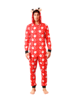Rode kerstman “Ho Ho Ho” jumpsuit met rendier kap voor alle leeftijden
