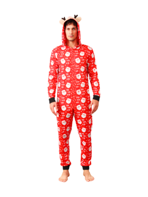 Red Santa Ho Ho Ho jumpsuit with hood for all ages men front