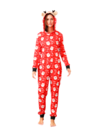 Rode kerstman “Ho Ho Ho” jumpsuit met rendier kap voor alle leeftijden