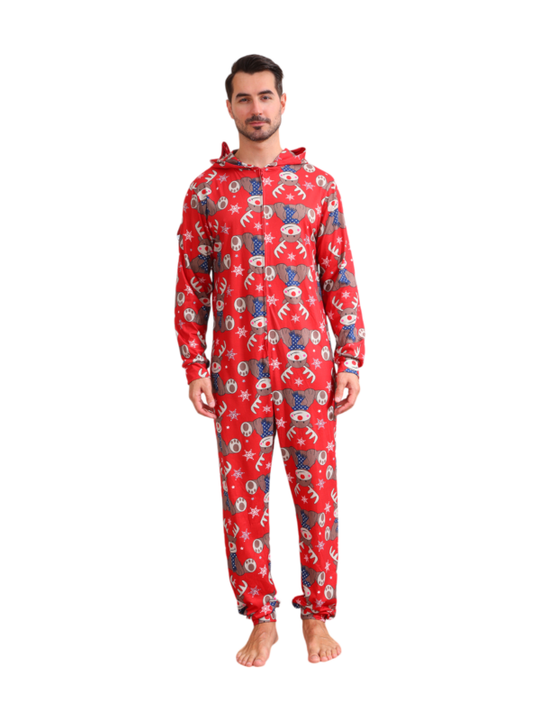 Red Reindeer Hood Jumpsuit, reindeer blue-scarf design