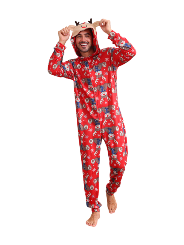 Red Reindeer Hood Jumpsuit, reindeer blue-scarf design