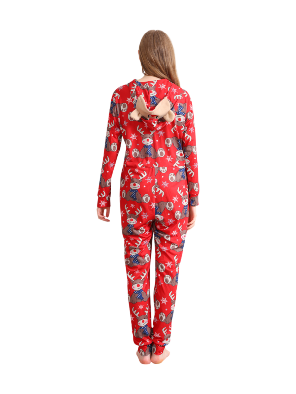 Red Reindeer Hood Jumpsuit, reindeer blue-scarf design