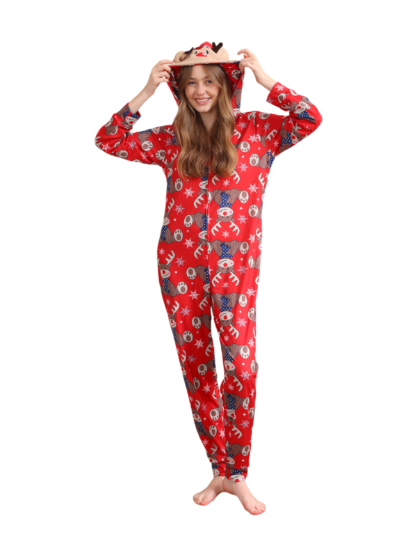 Red Reindeer Hood Jumpsuit, reindeer blue-scarf design