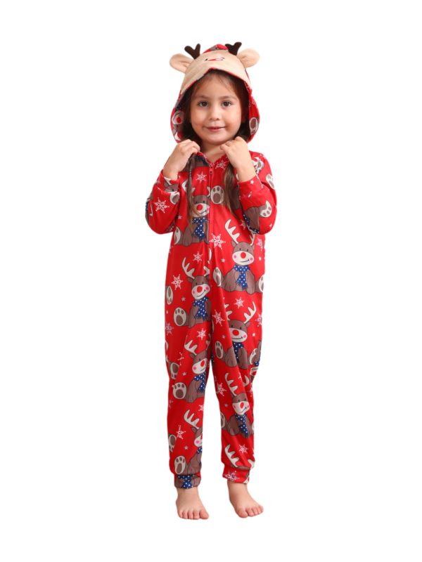 Red Reindeer Hood Jumpsuit, reindeer blue-scarf design