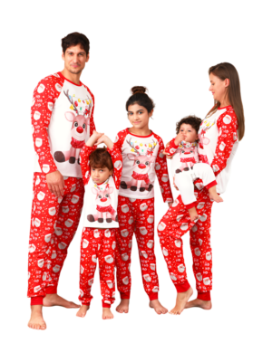 Perezosos navideños colgando de las guirnaldas, pijamas de toda la familia a juego
