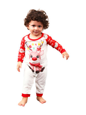 Santa's head pattern with a little reindeer and his red nose tangled in a garland baby