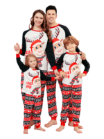 Cartoon-style smiling reindeer with Christmas motifs, geometric shapes