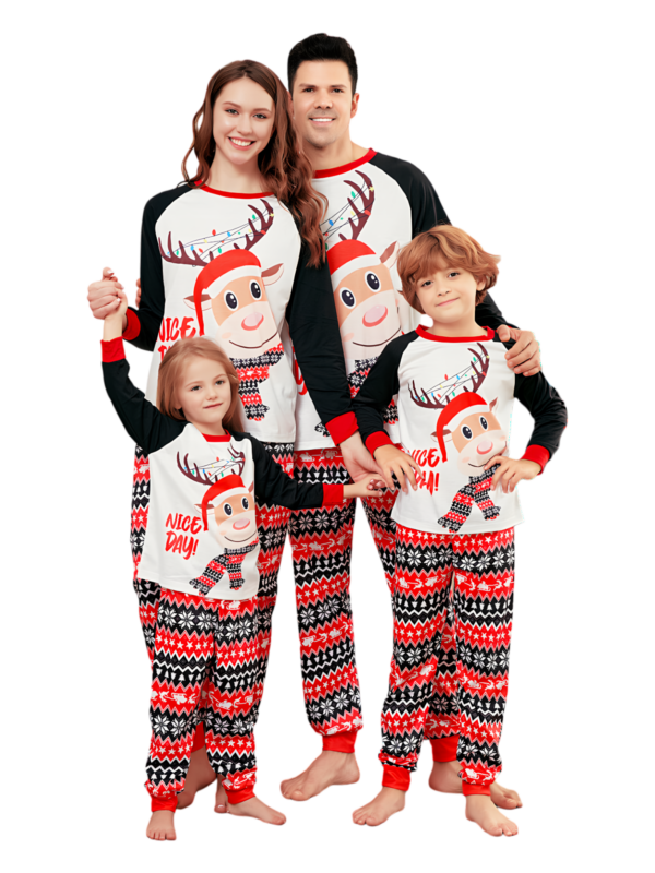 Cartoon-style smiling reindeer with Christmas motifs, geometric shapes