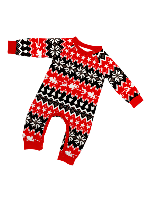 Cartoon-style smiling reindeer with Christmas motifs, geometric shapes