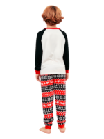 Cartoon-style smiling reindeer with Christmas motifs, geometric shapes