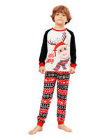 Cartoon-style smiling reindeer with Christmas motifs, geometric shapes