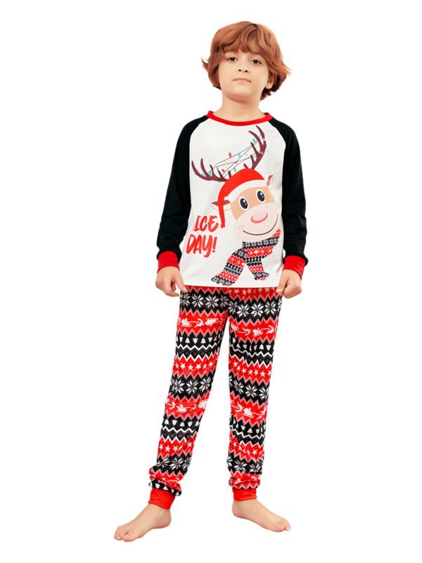 Cartoon-style smiling reindeer with Christmas motifs, geometric shapes