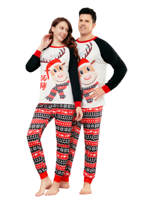 Christmas pyjamas with a cartoon style smiling reindeer. Christmas motifs and geometric shapes couples front