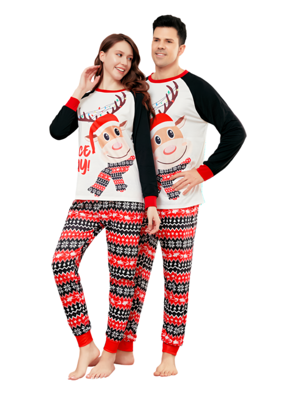 Cartoon-style smiling reindeer with Christmas motifs, geometric shapes