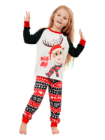 Cartoon-style smiling reindeer with Christmas motifs, geometric shapes